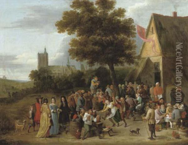 A Peasant Feast Before An Inn, The Church Of Sainte-gudule, Brussels Beyond Oil Painting - David The Younger Teniers