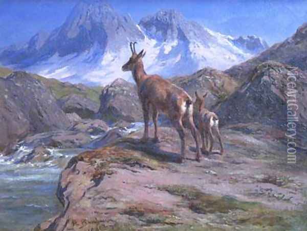 Chamois Mother and Baby Oil Painting - Rosa Bonheur