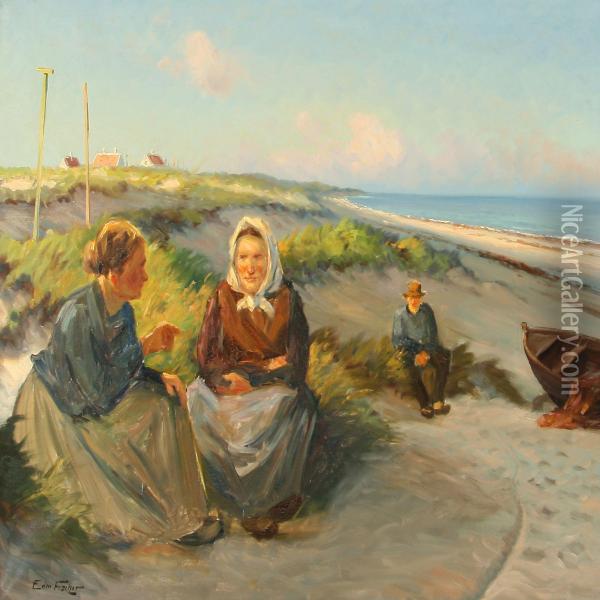 Evening Chat On Abeach At Sunset Oil Painting - Edmund Fischer