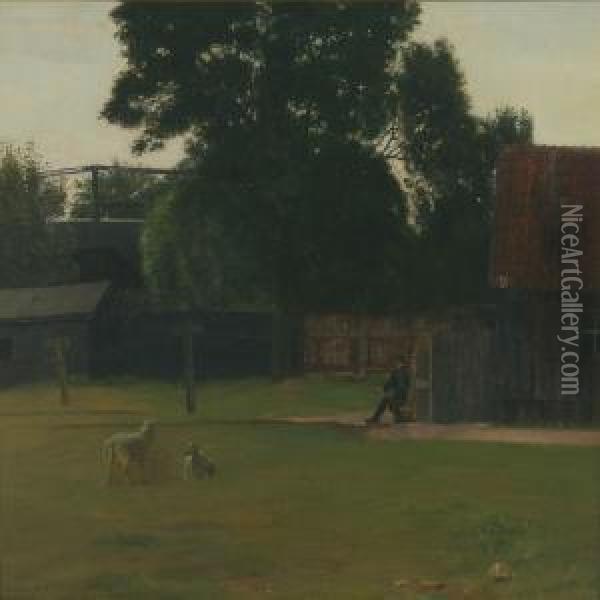 Farm Exterior With Man And Sheep Oil Painting - Gustav Vermehren