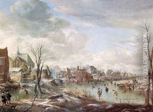 A Frozen River near a Village, with Golfers and Skaters 1648 Oil Painting - Aert van der Neer