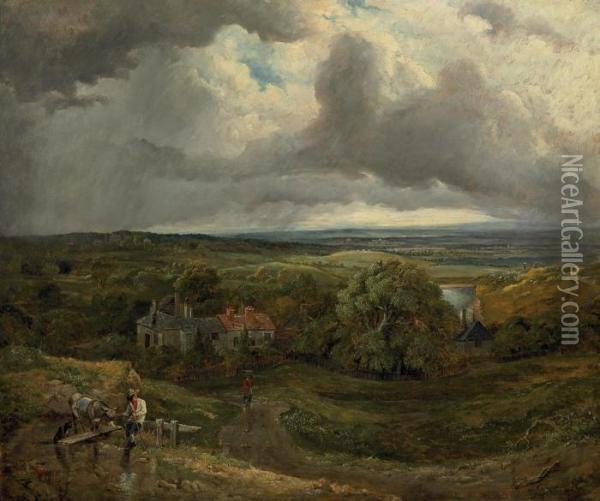 Figures In An Extensive Landscape Oil Painting - Frederick Waters Watts