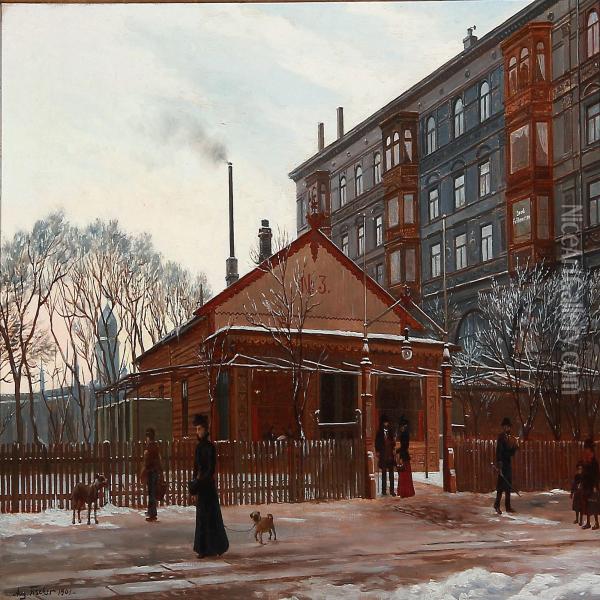 Street Scape From Copenhagen At Wintertime Oil Painting - August Fischer
