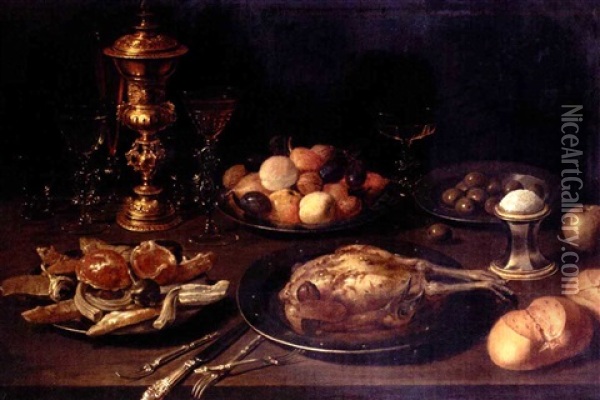 Still Life With Shells, Fruit, Olives, And A Roast Bird On Pewter Plates, Together With Glasses, A Bronze-covered Cup, A Salt-seller And Buns On A Wooden Table Oil Painting - Osias Beert the Elder