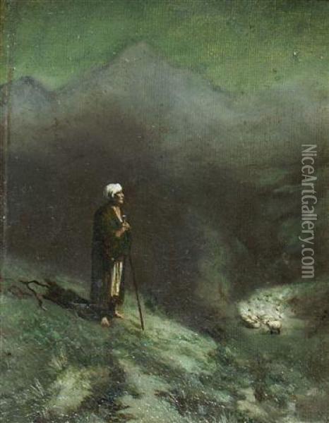 A Shepherd Overlooking His Flock In A Mountainous Landscape At Dusk Oil Painting - Albert Moulton Foweraker