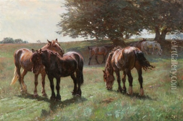 Heste Pa Graes Oil Painting - Hans Michael Therkildsen