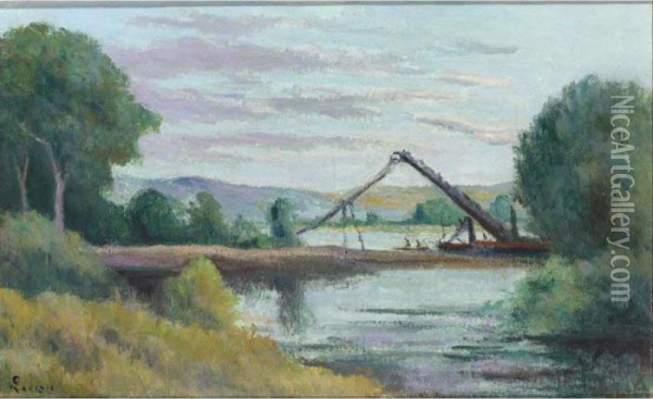 La Roche-guyon, Bord De Riviere Construction Du Pont Oil Painting - Maximilien Luce