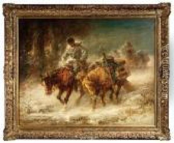 Riding Cossacksin A Wintry Landscape. Oil Painting - Adolf Schreyer