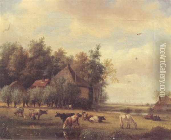 Cattle In A Meadow, A Farmyard In The Background Oil Painting - Nicolaas Johannes Roosenboom