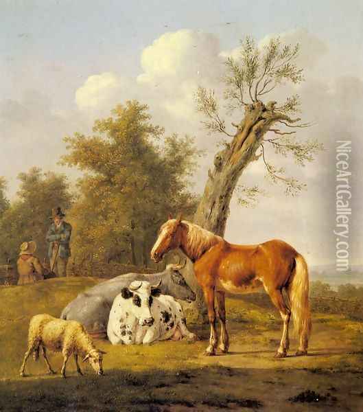 Cows, a Horse and a Sheep Resting by a Blasted Oak Oil Painting - Anthony Oberman