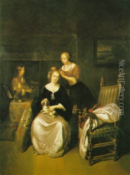 A Lady With Her Maid And Serving Boy In Her Bedchamber Oil Painting - Gerard ter Borch the Younger