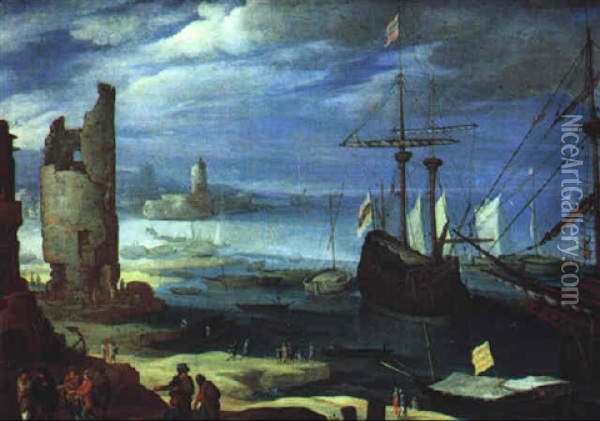 Sudlicher Hafen Mit Schiffen Und Vielen Figuren Oil Painting - Paul Bril