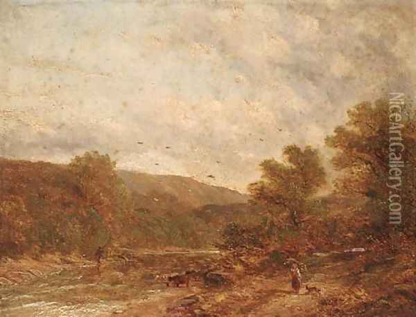 Cattle watering in a wooded landscape; and Figures on a wooded track Oil Painting - English School