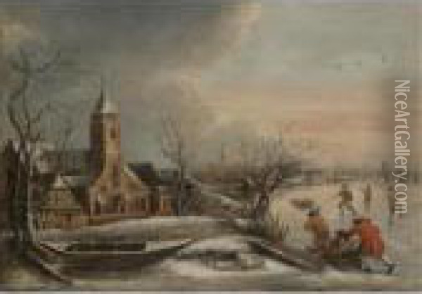 A Winter Scene With Figures Skating A Church In The Distance Oil Painting - Jan van Kessel