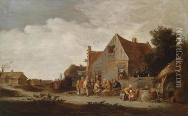 A Village Road With Peasants Outside A Tavern Oil Painting - Pieter de Bloot