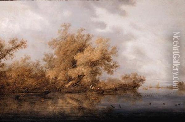 A Calm: A Wooded River Landscape
 With Fishermen And Sportsmen Inrowing Boats, Sailing Ships Beyond Oil Painting - Salomon van Ruysdael