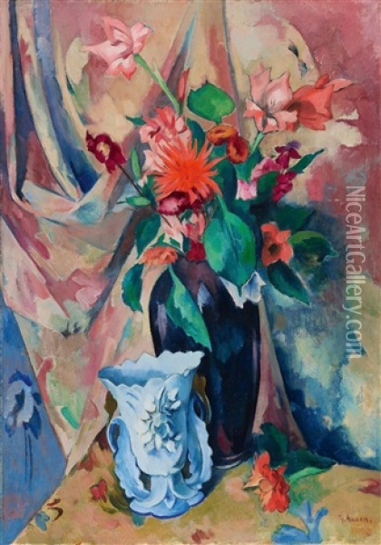 Blumenstilleben Mit Heller Vase Oil Painting - Heinrich Nauen