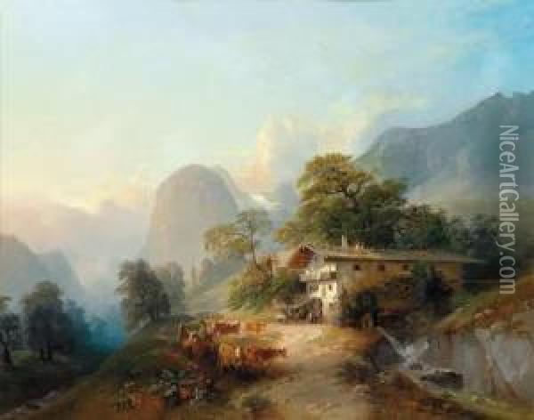Alpenlandschaft Mit Einer Viehherde Vor Demwirtshaus Oil Painting - Franz Barbarini