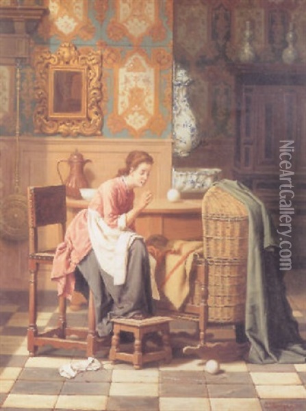 Minding The Baby Oil Painting - Charles Joseph Grips