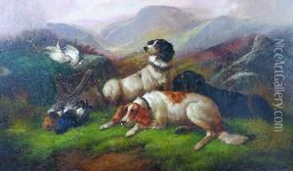 Hunting Dogs In A Highland Landscape Oil Painting - John Gifford