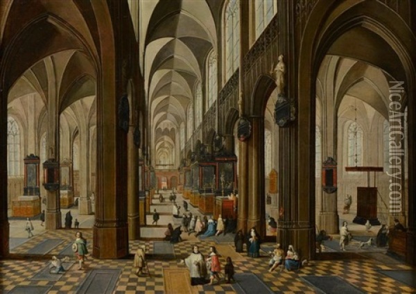 Interieur D'eglise Gothique Avec Une Ceremonie Oil Painting - Peeter Neeffs the Younger