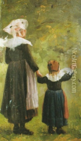 Jeune Femme Et Son Enfant En Costume De Pardon Oil Painting - Theophile-Louis Deyrolle