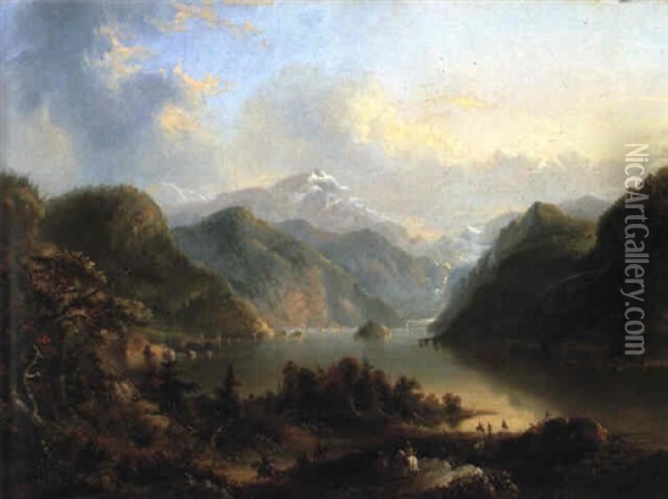 Lake Scene, Wind River Mountain Oil Painting - Alfred Jacob Miller