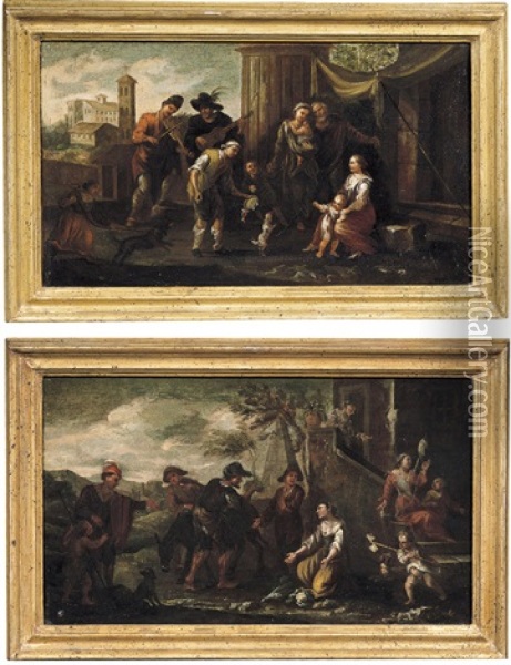 Paesaggio Con Musicanti (+ Paesaggio Con Filatrice, Contadini E Somaro; 2 Works) Oil Painting - Pieter Jacobsz. van Laer