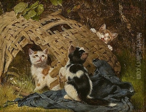 Three Kittens Playing With A Wicker Basket Oil Painting - Julius Adam the Younger