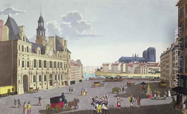 View of the Place de l'Hotel de Ville, as seen from the Rue du Mouton, 1815-20 Oil Painting - Henri Courvoisier-Voisin