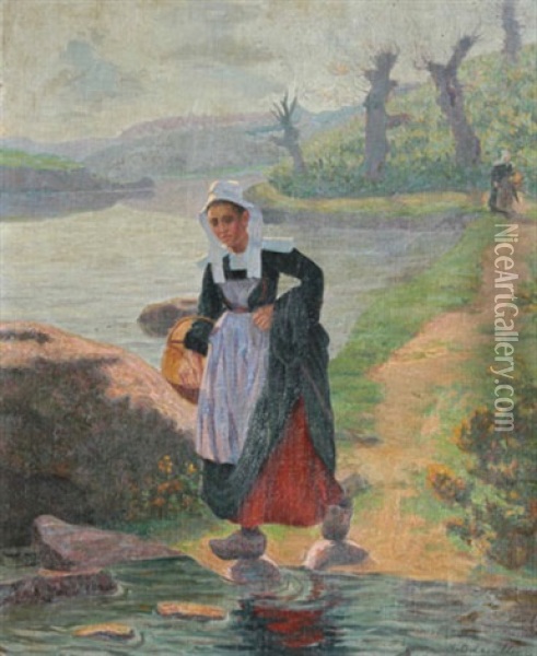 Bretonne Au Bord De L'aven Oil Painting - Henri Delavallee