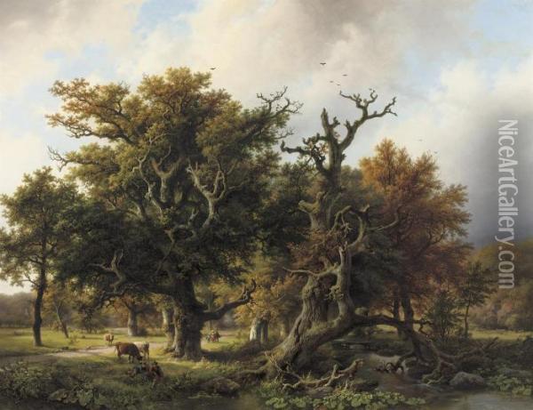 A Wooded Landscape With An Angler And Cattle Grazing Oil Painting - Barend Cornelis Koekkoek