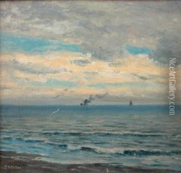 Coastal Scene With Steamer Oil Painting - James Ashton