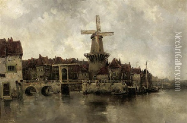 A Windmill By A Drawbridge In A Town Oil Painting - Hermanus Koekkoek the Younger