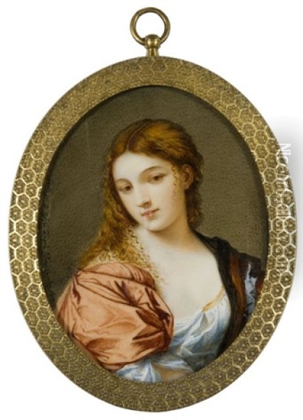 Jeune Femme Au Drape Rouge (after Palma Il Vecchio) Oil Painting - Domenico Bossi