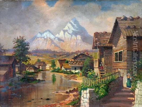 Village With Mountian Range In Background Oil Painting - William Livingstone Anderson