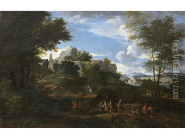 Travellers On A Country Path, Before An Italianate Landscape Oil Painting - Cornelis Huysmans