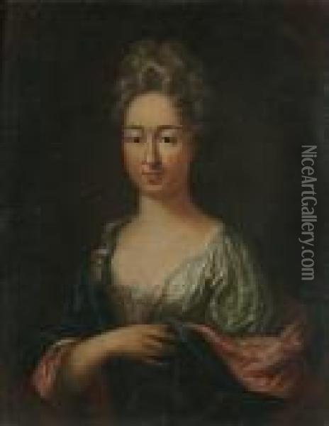 Portrait Bust Length Of A Lady, Wearing A White Dress With A Blue And Pink Cloak Oil Painting - Michael Dahl
