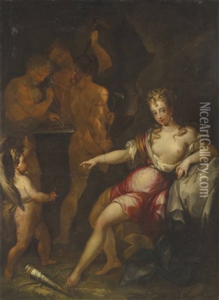 Venus And Cupid In Vulcan's Forge Oil Painting - Hans Von Aachen