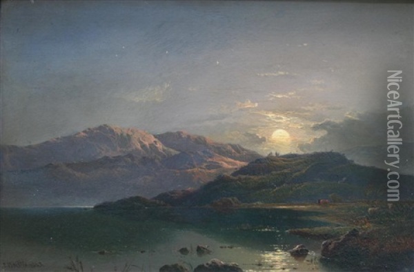 Shepherd With Flock By A Lake At Sunset (+ Moonrise Above The Lake, On Board; 2 Works) Oil Painting - Thomas Whittle the Elder