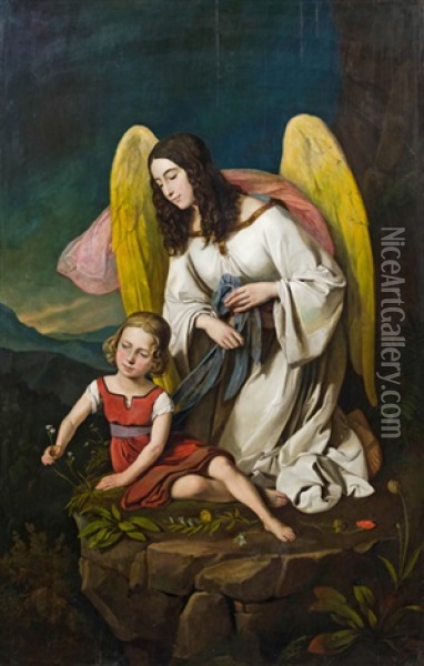 Kleines Madchen Mit Schutzengel Oil Painting - Josef von Fuehrich