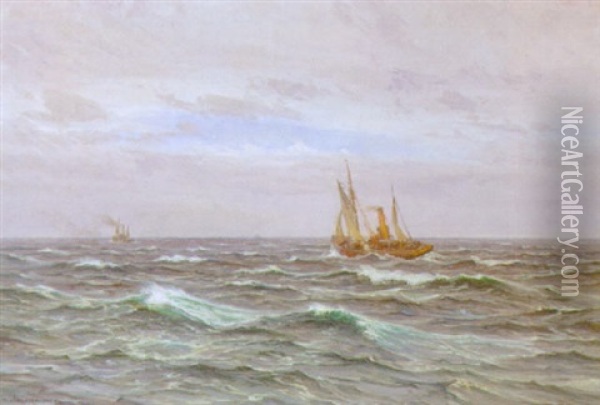 Marine Med Skibe Pa Havet Oil Painting - Vilhelm Karl Ferdinand Arnesen