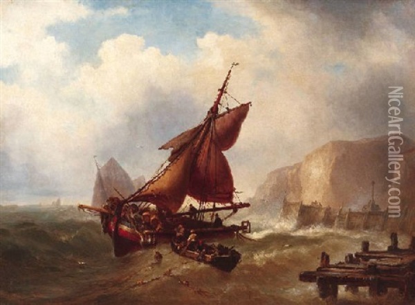Fischerboot In Sturmsicher See An Der Mole Oil Painting - Ludwig Hermann