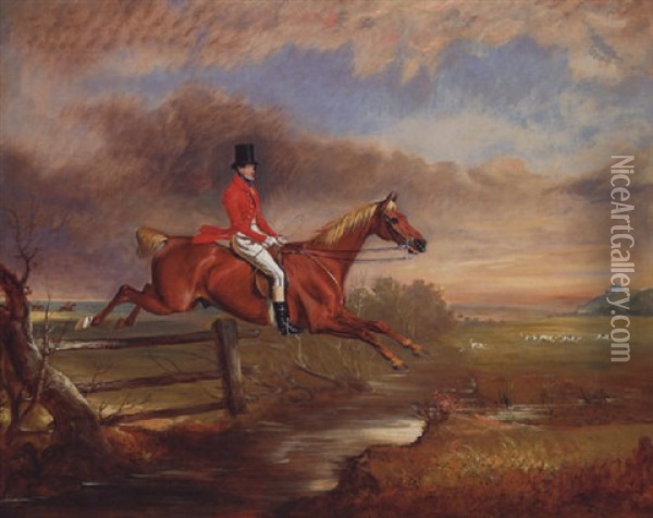 The Hon. Henry Augustus Craven Clearing A Fenced Brook With Hounds After A Scent And Belvoir Castle Beyond Oil Painting - John E. Ferneley