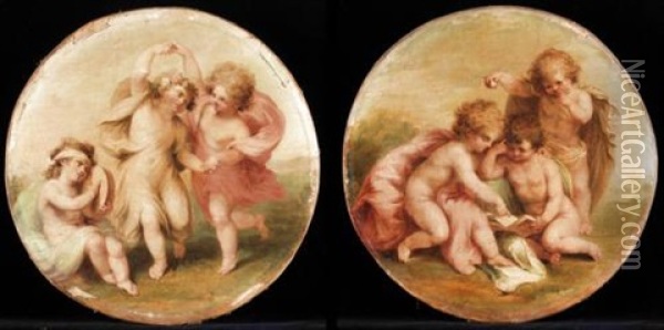 Landscapes With Putti Playing (pair) Oil Painting - Giovanni Battista Cipriani