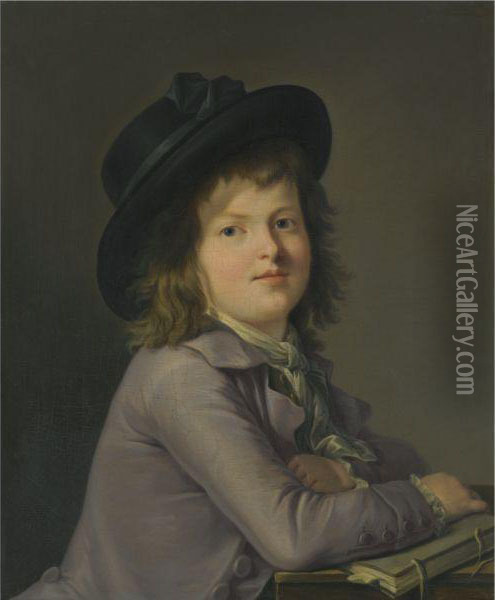 Portrait Of A Young Boy, Half-length, Seated At A Desk Holding Abook Oil Painting - Marie-Victoire Lemoine