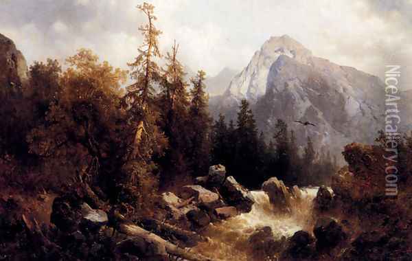 A Mountainous River Landscape Oil Painting - Josef Thoma
