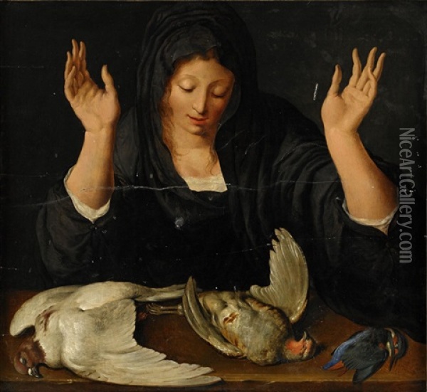 Kvinna Som Sorjer En Dod Duva, En Rapphona Samt En Kungsfiskare Oil Painting - Jacques de Gheyn II