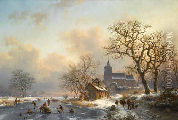 A Winter Landscape With Skaters On A Frozen River Oil Painting - Frederik Marianus Kruseman