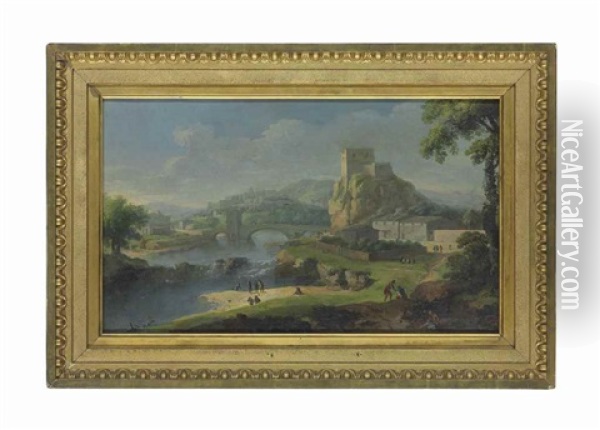 A River Landscape, With Figures Fishing And Travellers On A Path, A Castle And Mountains Beyond Oil Painting - Paolo Anesi